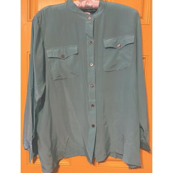Linea Louis Dell'Olio Blouse Top Size 2X Button Up Silk Tiffany Blue - Picture 1 of 9